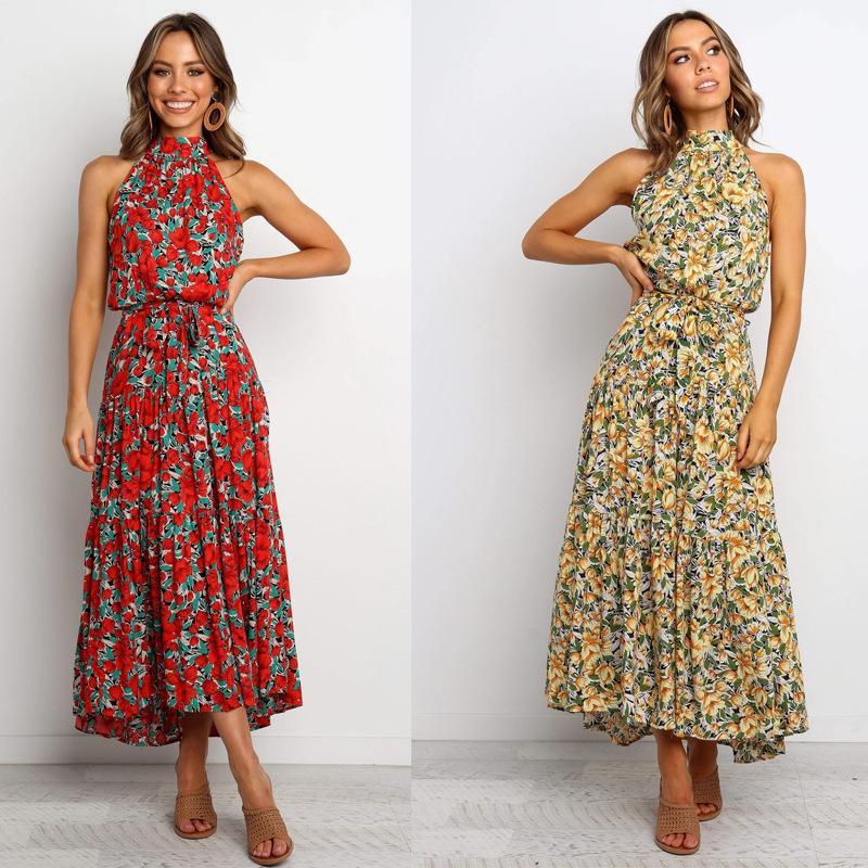 Floral Halter Strap Large Swing Dress Women's Clothing - Faslan Fashion Shop