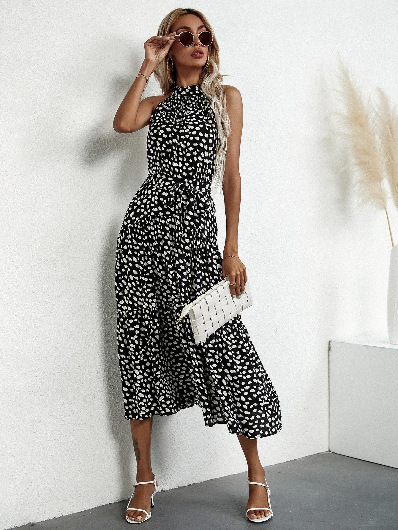 Floral Halter Strap Large Swing Dress Women's Clothing - Faslan Fashion Shop