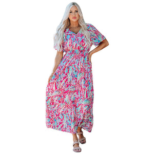 Summer New Short Sleeve V-neck Pullover Floral Skirt Women - Faslan Fashion Shop