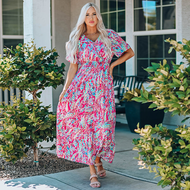 Summer New Short Sleeve V-neck Pullover Floral Skirt Women - Faslan Fashion Shop