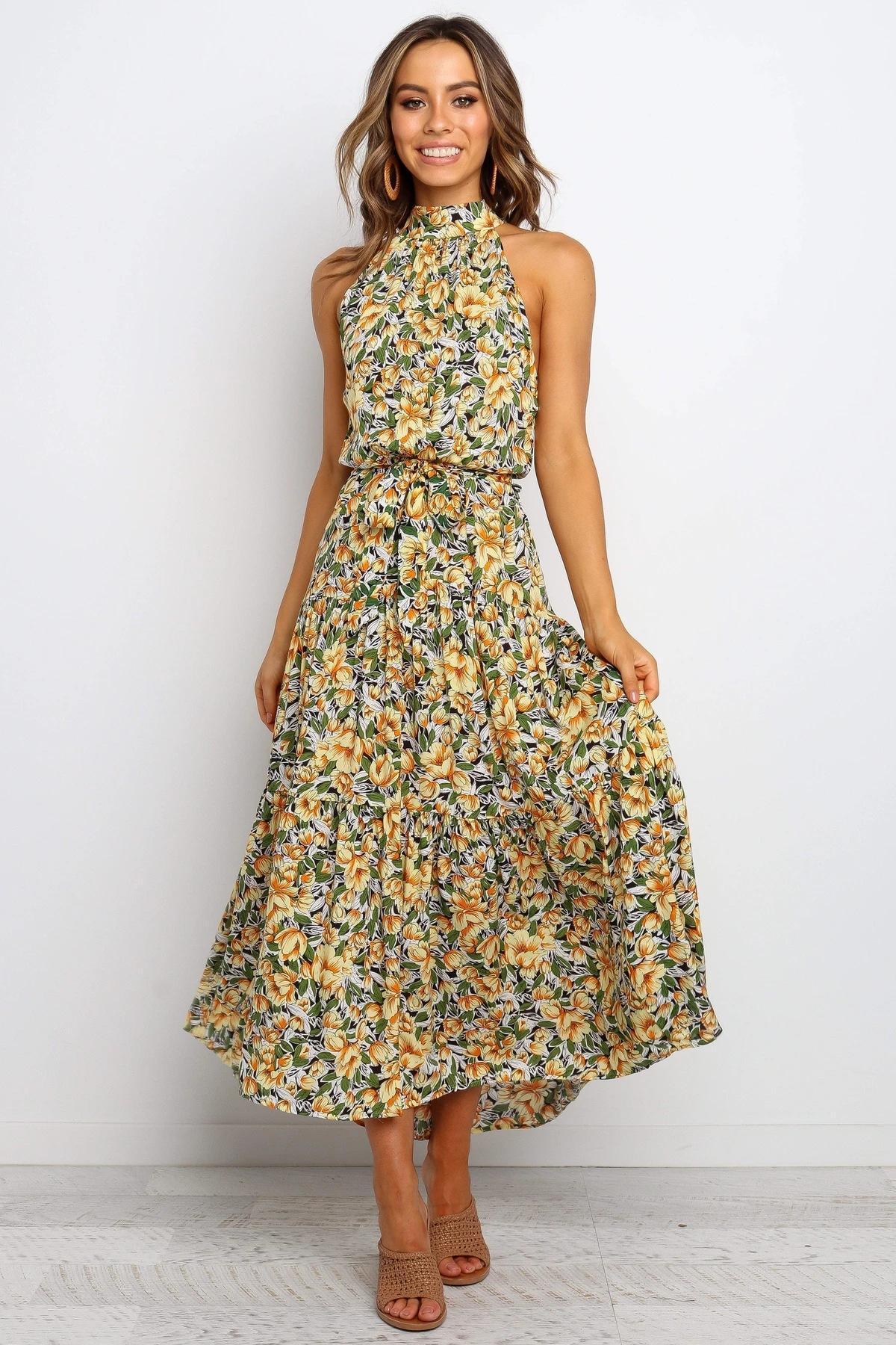 Floral Halter Strap Large Swing Dress Women's Clothing - Faslan Fashion Shop