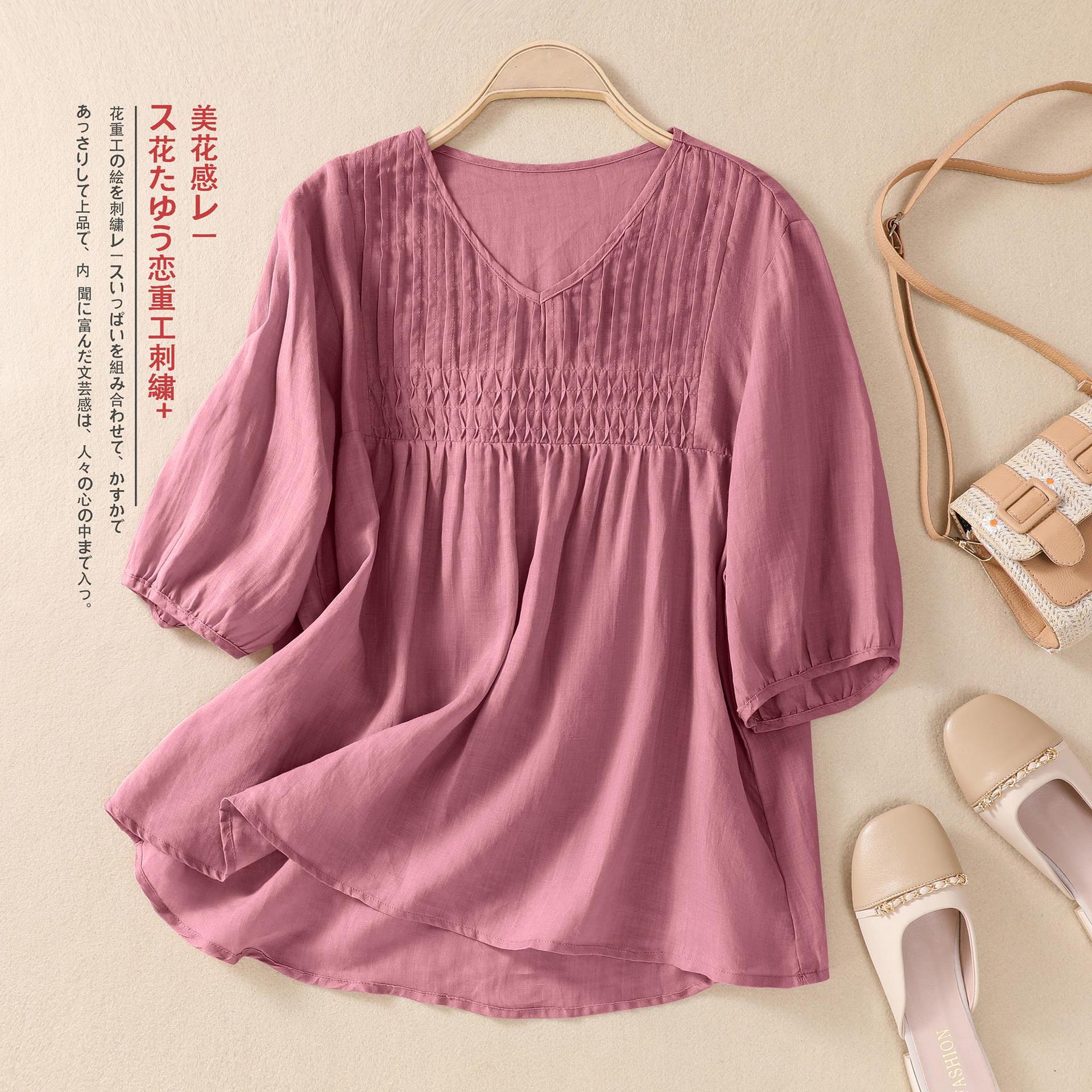 Women's V-neck Cotton And Linen Short-sleeved T-shirt Loose - Faslan Fashion Shop
