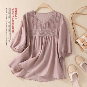 Women's V-neck Cotton And Linen Short-sleeved T-shirt Loose - Faslan Fashion Shop