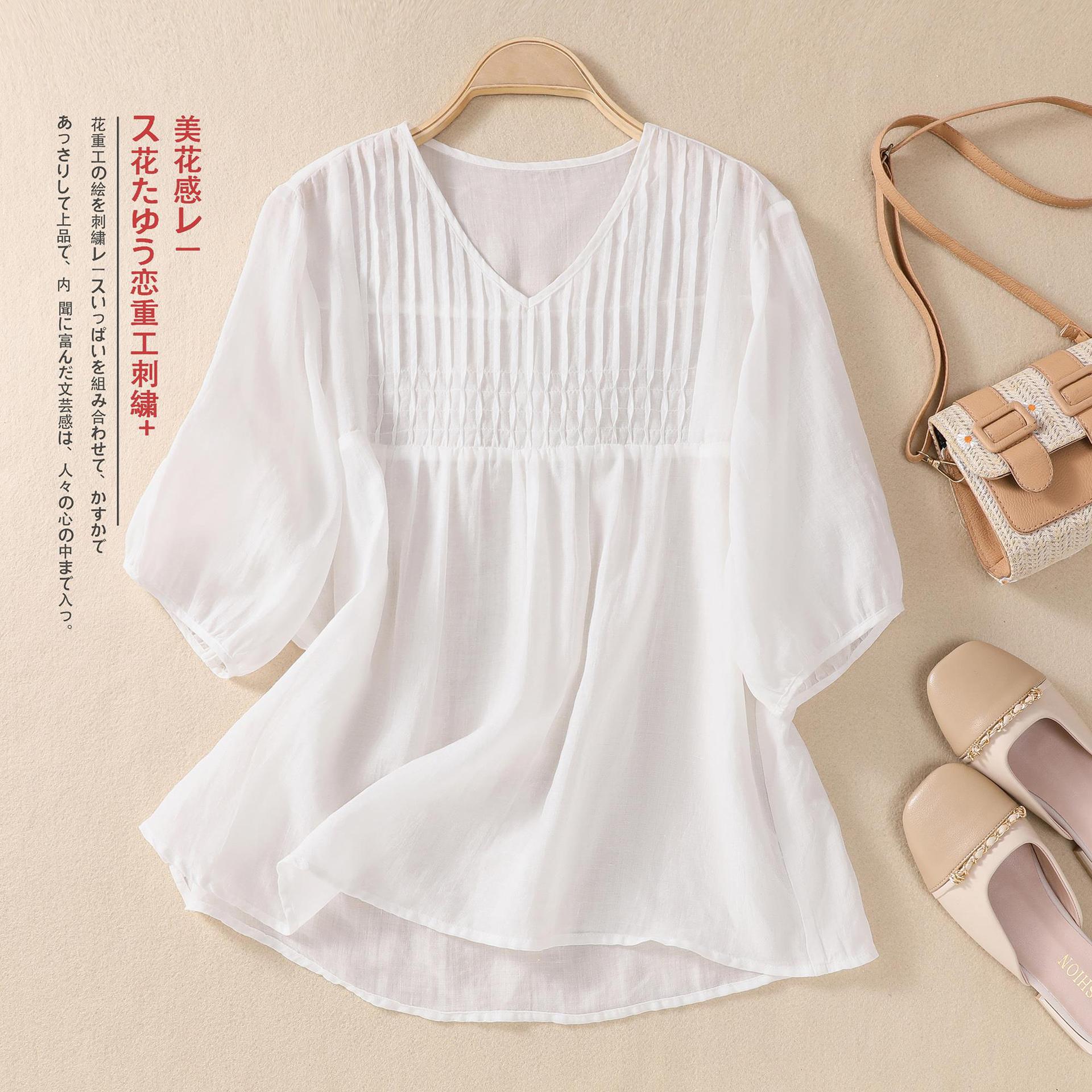 Women's V-neck Cotton And Linen Short-sleeved T-shirt Loose - Faslan Fashion Shop