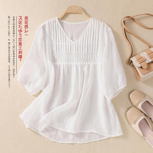 Women's V-neck Cotton And Linen Short-sleeved T-shirt Loose - Faslan Fashion Shop