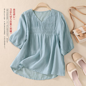 Women's V-neck Cotton And Linen Short-sleeved T-shirt Loose - Faslan Fashion Shop